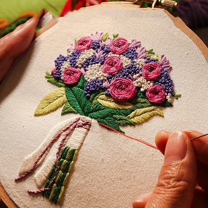 Kit de broderie bricolage motif fleur, y compris les aiguilles à broder et le fil, tissu en coton