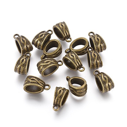Tibetan Style Alloy Tube Bails, Loop Bails, Bail Beads, Lead Free and Cadmium Free, about 14mm long, 7.5mm wide, 9mm thick, hole: 1.5mm