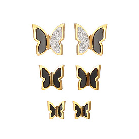 3 pares 3 estilo 304 pendientes de acero inoxidable, Pendientes de mariposa de concha y diamantes de imitación para mujer