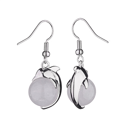 Gemstone Dolphin Dangle Earrings with Crystal Rhinestone, Platinum Brass Jewelry for Women