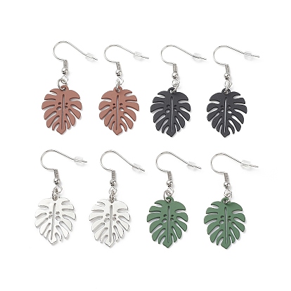 4 paires 4 boucles d'oreilles pendantes de feuilles tropicales en alliage de couleur, 304 bijoux en acier inoxydable pour femmes