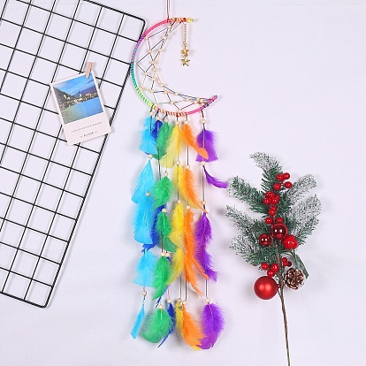 Decoraciones colgantes con borlas de plumas de luna de color arcoíris, Adorno haing envuelto en cordón de poliéster con cuentas de madera, para decoraciones del hogar
