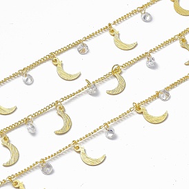Handmade Brass Curb Chains, with Moon & Clear Cubic Zirconia Charms, Soldered, with Spool
