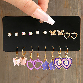9-Piece Set of Pink Acrylic Butterfly and Flower Earrings with Hollow Heart Studs