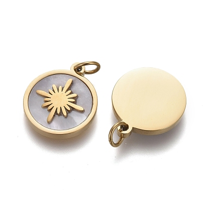 Charmes naturels, avec anneaux et anneaux de sécurité en acier inoxydable plaqué or, plat et circulaire avec étoile