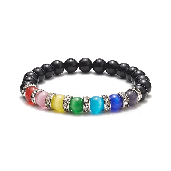Bracelet extensible en perles d'onyx noir naturel et oeil de chat, bijoux en pierres précieuses pour femmes