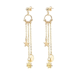 304 Stainless Steel Moon & Sun & Star Dangle Stud Earrings, Brass Long Tassel Drop Earrings for Women