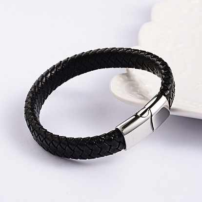 Cuir à la mode des bracelets de corde tressée, avec 304 fermoirs magnétiques en acier inoxydable, 220x12x6mm