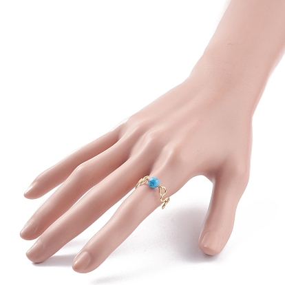 Anillo de dedo con cuentas redondas de piedras preciosas, anillo de onda envuelto en alambre de cobre para mujer, dorado