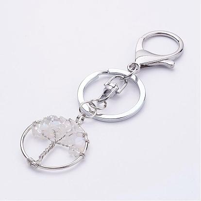 Gemstone Keychain, with Alloy Lobster Clasps, Iron Ring and Brass Findings, Flat Round with Tree, Platinum