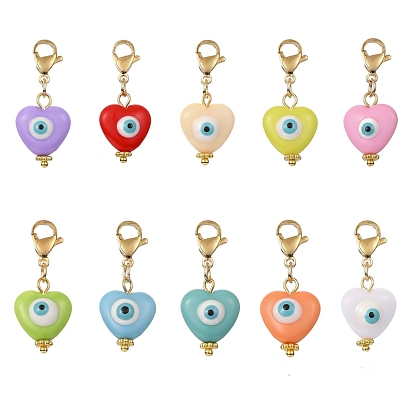 Heart with Evil Eye Resin Pendant Decorations, 304 Stainless Steel Lobster Claw Clasps Charms, Golden