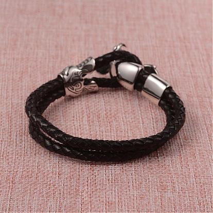 Bracelets cordon cuir tressé, bracelets multi-brins, avec 316 fermoirs de moto chirurgicaux en acier inoxydable, argent antique, 235x5x2mm