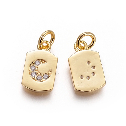 Brass Charms, with Micro Pave Cubic Zirconia and Jump Rings, Rectangle with Moon, Clear