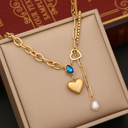 Chic Pearl Collar Necklace with Heart-shaped Water Drop Pendant - Stainless Steel Jewelry N1061