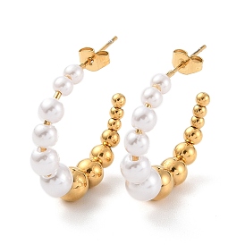 Placage ionique (ip) 304 boucles d'oreilles rondes en acier inoxydable, Boucles d'oreilles demi-créoles en perles de plastique pour femmes
