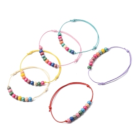 Bracelets polyester cordon réglable korean cirées, bracelets perlés, avec des perles en bois naturel peintes arc-en-ciel