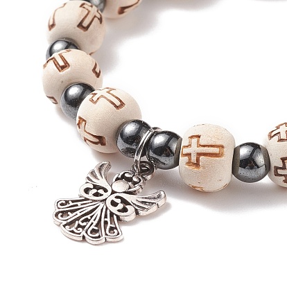 Bracelet extensible en perles de bois et d'hématite synthétique avec breloques en alliage d'ange, bijoux religieux pour femmes