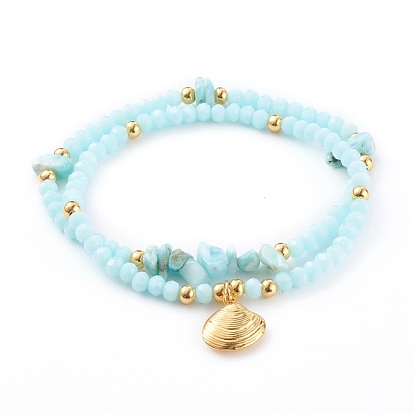 Stretch Bracelets Sets, with Glass Beads, Natural Larimar Chip Beads and 304 Stainless Steel Pendants, Shell, Golden