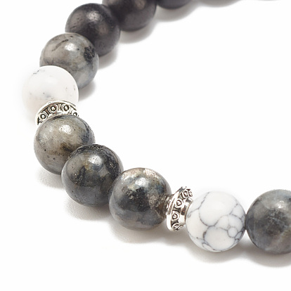 Natural Larvikite & Wood Round Beaded Stretch Bracelet, Gemstone Jewelry for Men Women