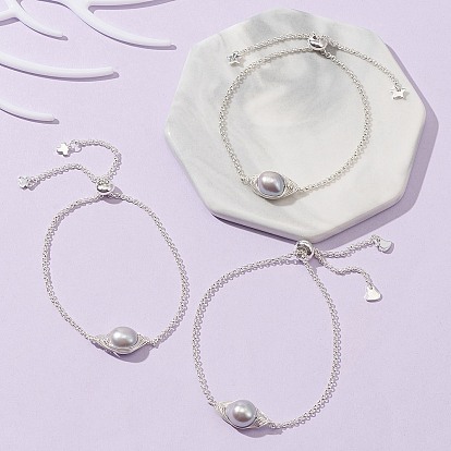 Natural Pearl Link Slider Bracelet, 304 Stainless Steel Jewelry
