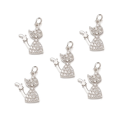 Brass Micro Pave Cubic Zirconia Pendants, with Jump Ring, Cat Charm