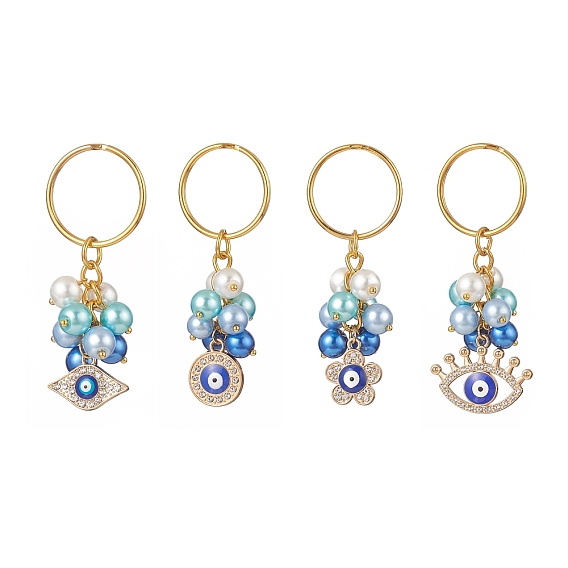 Alliage émail mauvais œil strass porte-clés, porte-clés en perles de verre nacrées peintes au four, avec anneau en fer, formes mixtes