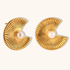 Chic Striped Pearl Fan Earrings in Gold-Plated Stainless Steel
