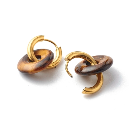 Handmade Natural & Synthetic Gemstone Dangle Hoop Earrings, with 304 Stainless Steel Huggie Hoop, Oval, Mixed Stone