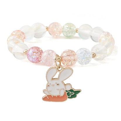 2Pcs 2 Style Easter Theme Glass & Shell Pearl Beaded Stretch Bracelets Set, Acrylic Word Bunny Kids Bracelet with Alloy Enamel Rabbit Charms