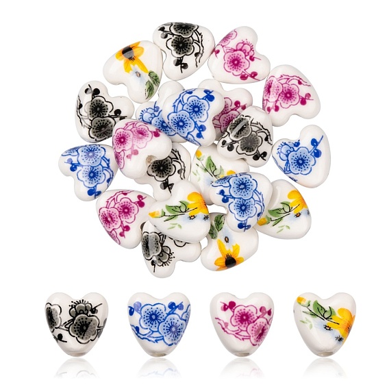 20 pcs 4 perles en céramique de porcelaine faites à la main de couleur, fleur imprimée, cœur