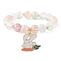 2Pcs 2 Style Easter Theme Glass & Shell Pearl Beaded Stretch Bracelets Set, Acrylic Word Bunny Kids Bracelet with Alloy Enamel Rabbit Charms