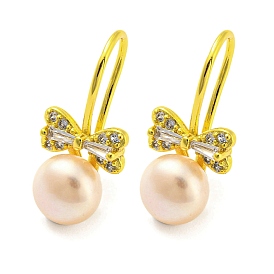 Boucles d'oreilles pendantes à nœud papillon en zircone cubique avec perle naturelle, Boucles d'oreilles en laiton