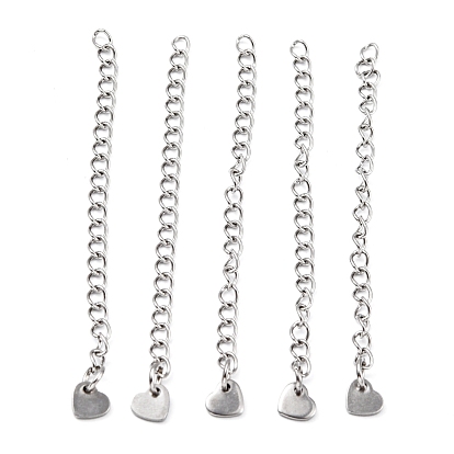 304 Stainless Steel Chain Extender, with Heart Pendants, 60mm