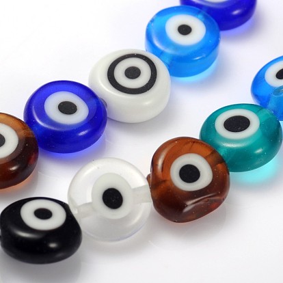 Perles lampwork, perles au chalumeau, faits à la main, mauvais œil, plat rond, couleur mixte, 8x4mm, trou: 1mm, environ 50 pcs/chapelet