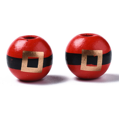 Painted Natural Wood European Beads, Large Hole Beads, Christmas, Printed, Round