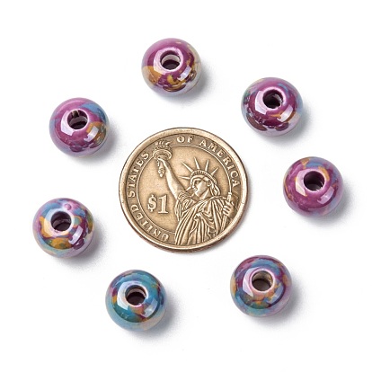 Perles européennes en porcelaine faites à la main , Perles avec un grand trou   , nacré, rondelle, 12x9mm, Trou: 4mm
