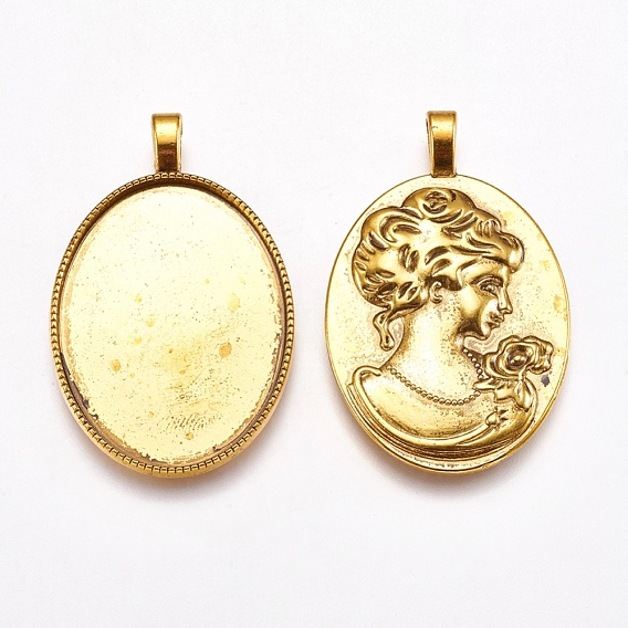 Tibetan Style Alloy Pendant Cabochon Settings, Oval with Woman Portrait on the Reverse Side, Cadmium Free & Lead Free, Tray: 40x29mm, 51x32x6mm, Hole: 6x3mm