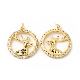 Brass Micro Pave Cubic Zirconia Pendants, with Jump Ring, Flat Round with Christmas Reindeer/Stag Charm, Golden