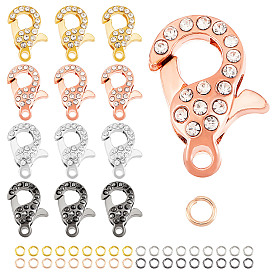 PandaHall Elite 8Pcs 4 Colors Alloy Crystal Glass Rhinestone Lobster Claw Clasps with 40Pcs 4 Colors Iron Open Jump Rings, Cadmium Free & Lead Free