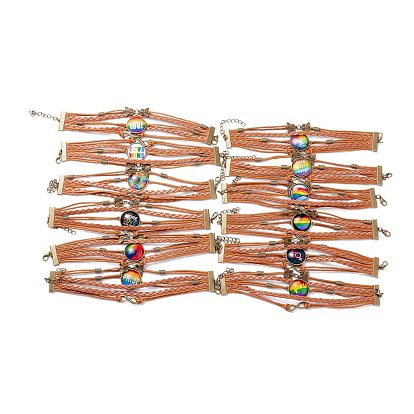 Rainbow Pride Bracelet, Flat Round with Pattern & Butterfly Links Multi-strand Bracelet for Men Women, Chocolate