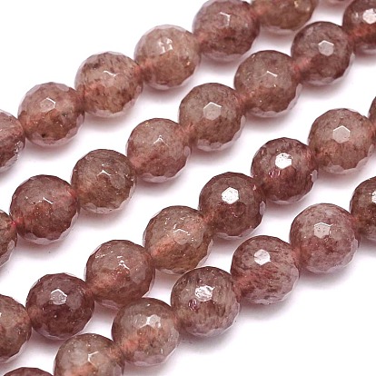 Brins de perles rondes en quartz fraise naturel à facettes (128 facettes), classe ab