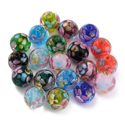 Round Lampwork Beads, Plum Flower Petal Pattern, with Hole