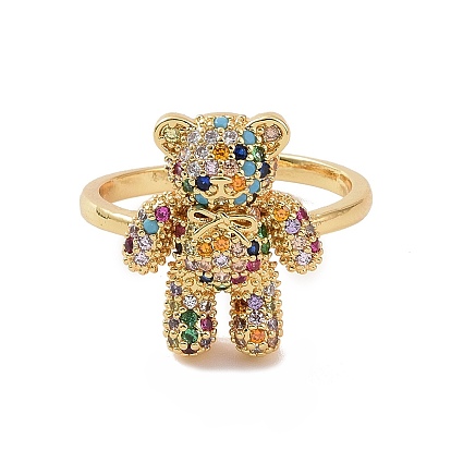 Anillo de puño abierto con oso de circonita cúbica, joyas de latón para mujer