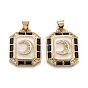 Brass Micro Pave Clear Cubic Zirconia Pendants, with Enamel, Octagon with Moon, Blue