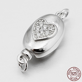 Oval with Heart 925 Sterling Silver Cubic Zirconia Box Clasps, 17x8x6mm, Hole: 2mm