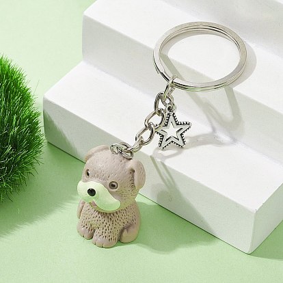 Porte-clés pendentif chien en résine, avec anneaux en fer et breloque étoile en alliage