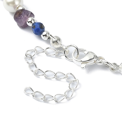 Natural Amethyst & Lapis Lazuli Chips & Shell Pearl Beaded Necklace for Women