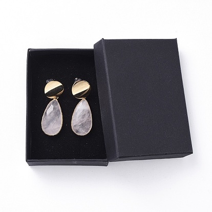 Natural Rose Quartz Dangle Earrings, with Brass Stud Earring Findings, Rubber Earring Backs/Ear Nuts and Cardboard Jewelry Set Boxes, Teardrop