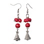 Mixed Christmas Theme Tibetan Style Alloy Dangle Earrings, with Glass Pearl Beads and Brass Earring Hooks, 62~65mm, Pin: 0.6mm