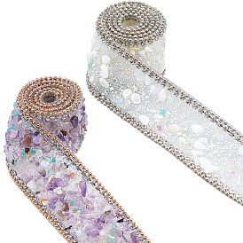 Pandahall elite 2 rouleaux 2 couleurs éclats de pierres précieuses fer sur appliques accessoires de couture de chaîne en métal, pour vêtements sac chaussures décoration de noce, violet et blanc